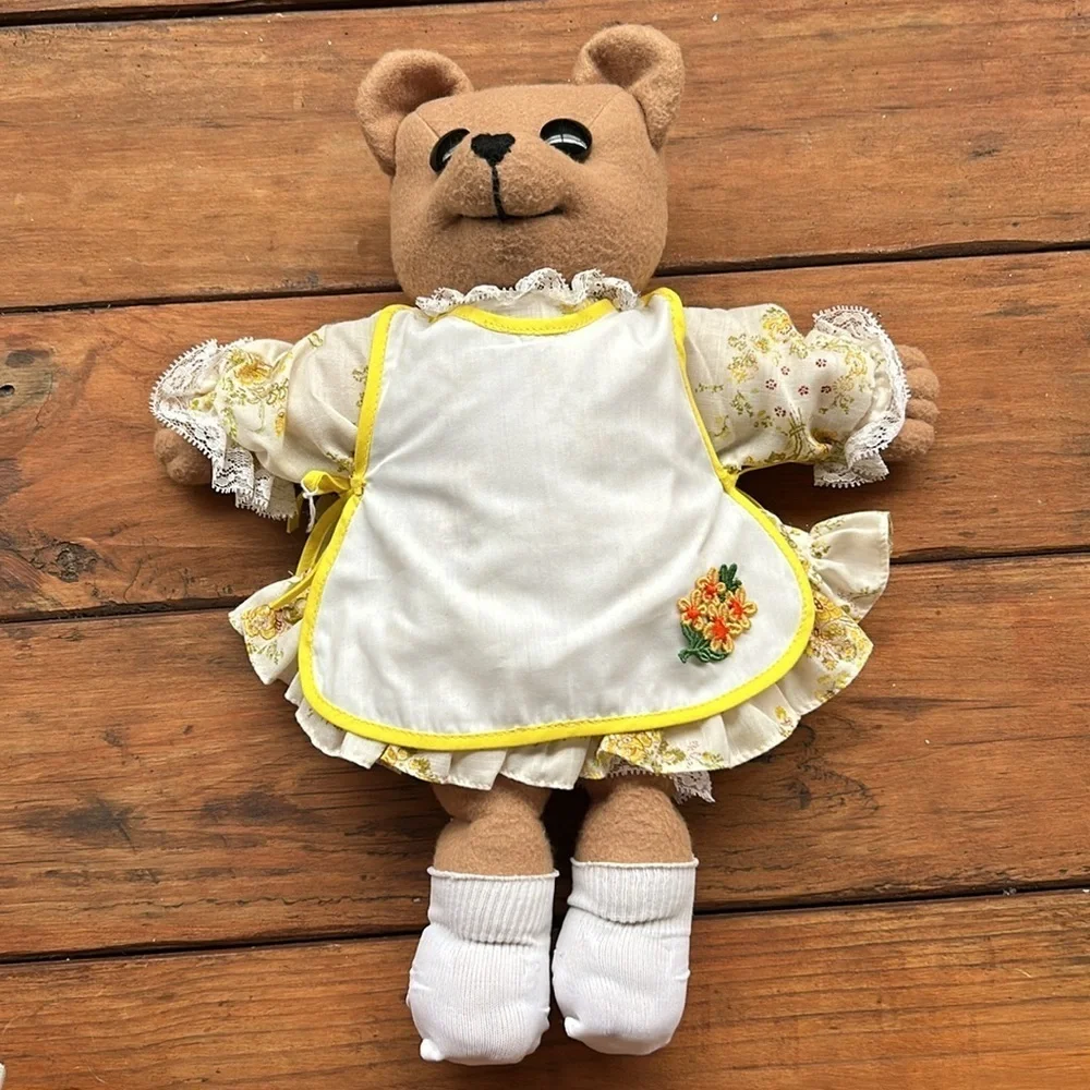 Handmade Teddy Bear with Yellow Floral Dress and Apron